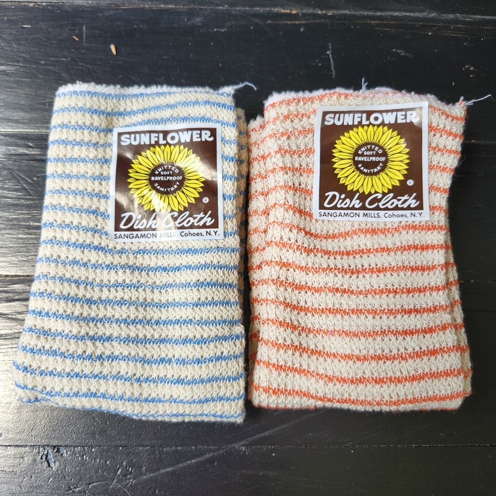 VTG Sangamon Mills Dish Cloths SUNFLOWER Cohoes NY Kitchen Towel Stripe Lot Of 2